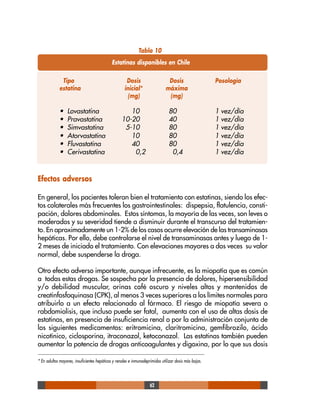 62
Tipo Dosis Dosis Posología
estatina inicial* máxima
(mg) (mg)
• Lovastatina 10 80 1 vez/día
• Pravastatina 10-20 40 1 vez/día
• Simvastatina 5-10 80 1 vez/día
• Atorvastatina 10 80 1 vez/día
• Fluvastatina 40 80 1 vez/día
• Cerivastatina 0,2 0,4 1 vez/día
Tabla 10
Estatinas disponibles en Chile
Efectos adversos
En general, los pacientes toleran bien el tratamiento con estatinas, siendo los efec-
tos colaterales más frecuentes los gastrointestinales: dispepsia, flatulencia, consti-
pación, dolores abdominales. Estos síntomas, la mayoría de las veces, son leves o
moderados y su severidad tiende a disminuir durante el transcurso del tratamien-
to. En aproximadamente un 1-2% de los casos ocurre elevación de las transaminasas
hepáticas. Por ello, debe controlarse el nivel de transaminasas antes y luego de 1-
2 meses de iniciado el tratamiento. Con elevaciones mayores a dos veces su valor
normal, debe suspenderse la droga.
Otro efecto adverso importante, aunque infrecuente, es la miopatía que es común
a todas estas drogas. Se sospecha por la presencia de dolores, hipersensibilidad
y/o debilidad muscular, orinas café oscuro y niveles altos y mantenidos de
creatinfosfoquinasa (CPK), al menos 3 veces superiores a los límites normales para
atribuirlo a un efecto relacionado al fármaco. El riesgo de miopatía severa o
rabdomiolisis, que incluso puede ser fatal, aumenta con el uso de altas dosis de
estatinas, en presencia de insuficiencia renal o por la administración conjunta de
los siguientes medicamentos: eritromicina, claritromicina, gemfibrozilo, ácido
nicotínico, ciclosporina, itraconazol, ketoconazol. Las estatinas también pueden
aumentar la potencia de drogas anticoagulantes y digoxina, por lo que sus dosis
* En adultos mayores, insuficientes hepáticos y renales e inmunodeprimidos utilizar dosis más bajas.
 