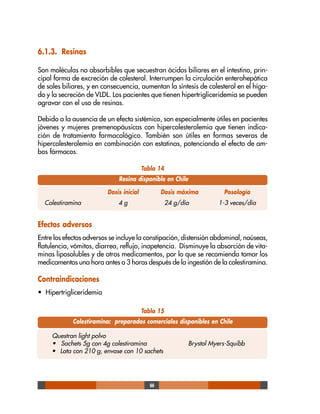 66
Tabla 15
Colestiramina: preparados comerciales disponibles en Chile
Questran light polvo
• Sachets 5g con 4g colestiramina Brystol Myers-Squibb
• Lata con 210 g, envase con 10 sachets
Tabla 14
Resina disponible en Chile
Dosis inicial Dosis máxima Posología
Colestiramina 4 g 24 g/día 1-3 veces/día
Efectos adversos
Entre los efectos adversos se incluye la constipación, distensión abdominal, naúseas,
flatulencia, vómitos, diarrea, reflujo, inapetencia. Disminuye la absorción de vita-
minas liposolubles y de otros medicamentos, por lo que se recomienda tomar los
medicamentos una hora antes o 3 horas después de la ingestión de la colestiramina.
Contraindicaciones
• Hipertrigliceridemia
6.1.3. Resinas
Son moléculas no absorbibles que secuestran ácidos biliares en el intestino, prin-
cipal forma de excreción de colesterol. Interrumpen la circulación enterohepática
de sales biliares, y en consecuencia, aumentan la síntesis de colesterol en el híga-
do y la secreción de VLDL. Los pacientes que tienen hipertrigliceridemia se pueden
agravar con el uso de resinas.
Debido a la ausencia de un efecto sistémico, son especialmente útiles en pacientes
jóvenes y mujeres premenopáusicas con hipercolesterolemia que tienen indica-
ción de tratamiento farmacológico. También son útiles en formas severas de
hipercolesterolemia en combinación con estatinas, potenciando el efecto de am-
bos fármacos.
 