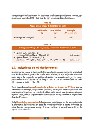 68
Tabla 18
Acidos grasos omega-3 disponibles en Chile
Dosis inicial Dosis máxima Posología
(g) (g) (Nº tomas/ día)
Acidos grasos Omega-3 2 10 1-3
Tabla 19
Acidos grasos Omega-3: preparados comerciales disponibles en Chile
• Epasan 30%, cápsulas 1 g
(contienen 200 mg EPA y 100 mg DHA) Lab. Maver
• Epasan forte 85%, cápsulas 1,2 g
(contienen 400 mg EPA, 400 mg DHA y 50 mg Vitamina E) Lab. Maver
6.2. Indicaciones de los hipolipemiantes
Se recomienda iniciar el tratamiento farmacológico con una droga de acuerdo al
tipo de dislipidemia, partiendo con la dosis mínima, la que se puede aumentar
hasta lograr la respuesta terapeútica deseable. En caso de no lograr la meta,
podrá considerarse asociación de drogas, para lo cual el paciente debe ser refe-
rido a un especialista, Tabla 19.
En el caso de una hipercolesterolemia aislada, las drogas de 1ª línea son las
estatinas; sin embargo, en pacientes jóvenes y en mujeres premenopaúsicas con
elevaciones moderadas de colesterol, debe preferirse el uso de resinas durante
algunos años, debido a que no se ha comprobado la seguridad en el largo plazo
de estos fármacos.
En la hipertrigliceridemia aislada la droga de elección son los fibratos, existiendo
la alternativa del acipimox en caso de contraindicacción o efectos adversos de
ellos. Los ácidos grasos omega-3 están indicados específicamente en la
hiperquilomicronemia.
cuya principal indicación son los pacientes con hipertrigliceridemias severas, ge-
neralmente sobre los 800-1000 mg/dL, con presencia de quilomicrones.
 