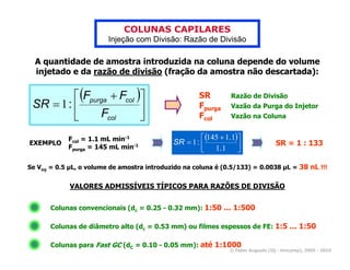COLUNAS CAPILARES
                         Injeção com Divisão: Razão de Divisão

  A quantidade de amostra introduzida na coluna depende do volume
  injetado e da razão de divisão (fração da amostra não descartada):


           (Fpurga + Fcol )                        SR         Razão de Divisão
 SR = 1 :                                          Fpurga     Vazão da Purga do Injetor
                Fcol                               Fcol       Vazão na Coluna


            Fcol = 1.1 mL min-1                        (145 + 1.1)
EXEMPLO                                      SR = 1 :                             SR = 1 : 133
            Fpurga = 145 mL min-1                      1 .1      

Se Vinj = 0.5 L, o volume de amostra introduzido na coluna é (0.5/133) = 0.0038 L = 38 nL !!!


             VALORES ADMISSÍVEIS TÍPICOS PARA RAZÕES DE DIVISÃO


       Colunas convencionais (dc = 0.25 - 0.32 mm): 1:50 ... 1:500

       Colunas de diâmetro alto (dc = 0.53 mm) ou filmes espessos de FE: 1:5 ... 1:50

       Colunas para Fast GC (dC = 0.10 - 0.05 mm): até 1:1000
                                                                © Fabio Augusto (IQ - Unicamp), 2005 - 2010
 