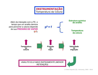 INSTRUMENTAÇÃO
                               Temperatura da Coluna


                                                             Estrutura química
  Além da interação com a FE, o                                  do analito
   tempo que um analito demora
para percorrer a coluna depende      p0 = f
  de sua PRESSÃO DE VAPOR
                            (p0).                                Temperatura
                                                                  da coluna




             Temperatura               Pressão                Velocidade
                 da                       de                      de
               coluna                   vapor                  migração




              ANALITO ELUI MAIS RAPIDAMENTE (MENOR
                            RETENÇÃO)

                                                       © Fabio Augusto (IQ - Unicamp), 2005 - 2010
 