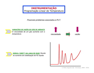 INSTRUMENTAÇÃO
               Programação Linear de Temperatura



                  Possíveis problemas associados à PLT:



VARIAÇÕES DE VAZÃO DO GÁS DE ARRASTE
A viscosidade de um gás aumenta com a
temperatura.                                viscosidade                       vazão




DERIVA (“DRIFT”) NA LINHA DE BASE Devido
ao aumento de volatilização de FE líquida




                                                          © Fabio Augusto (IQ - Unicamp), 2005 - 2010
 
