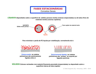 FASES ESTACIONÁRIAS
                                               Conceitos Gerais


LÍQUIDOS Depositados sobre a superfície de: sólidos porosos inertes (colunas empacotadas) ou de tubos finos de
                                       materiais inertes (colunas capilares)


                      SUPORTE                                                  Tubo capilar de material inerte
            Sólido inerte poroso




                                                      FE
                                                   líquida



                     Para minimizar a perda de FE líquida por volatilização, normalmente ela é:




                  Entrecruzada: as cadeias                      Quimicamente ligadas: as cadeias
                poliméricas são quimicamente                 poliméricas são “presas” ao suporte por
                       ligadas entre si                                 ligações químicas



     SÓLIDOS Colunas recheadas com material finamente granulado (empacotadas) ou depositado sobre a
                                        superfície interna do tubo (capilar)
                                                                                © Fabio Augusto (IQ - Unicamp), 2005 - 2010
 