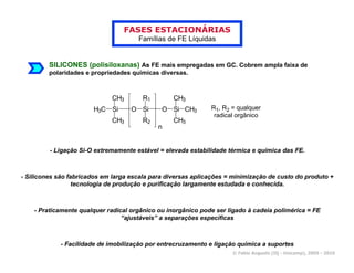 FASES ESTACIONÁRIAS
                                      Famílias de FE Líquidas


         SILICONES (polisiloxanas) As FE mais empregadas em GC. Cobrem ampla faixa de
         polaridades e propriedades químicas diversas.



                              CH3       R1        CH3
                       H3C Si       O Si      O Si CH3        R1, R2 = qualquer
                                                               radical orgânico
                              CH3       R2        CH3
                                             n


         - Ligação Si-O extremamente estável = elevada estabilidade térmica e química das FE.



- Silicones são fabricados em larga escala para diversas aplicações = minimização de custo do produto +
                  tecnologia de produção e purificação largamente estudada e conhecida.



    - Praticamente qualquer radical orgânico ou inorgânico pode ser ligado à cadeia polimérica = FE
                                 “ajustáveis” a separações específicas



             - Facilidade de imobilização por entrecruzamento e ligação química a suportes
                                                                     © Fabio Augusto (IQ - Unicamp), 2005 - 2010
 