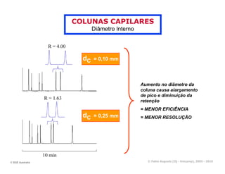 COLUNAS CAPILARES
                         Diâmetro Interno




                    dC   = 0,10 mm



                                            Aumento no diâmetro da
                                            coluna causa alargamento
                                            de pico e diminuição da
                                            retenção
                                            = MENOR EFICIÊNCIA
                    dC   = 0,25 mm          = MENOR RESOLUÇÃO




© SGE Australia                                © Fabio Augusto (IQ - Unicamp), 2005 - 2010
 