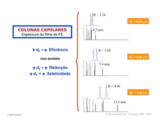 df   = 0,25 µm


           COLUNAS CAPILARES
                  Espessura do filme de FE



                          df   =    Eficiência

                               mas também                               df   = 0,50 µm


                          df   =    Retenção
                        df =       Seletividade



                                                                        df   = 1,00 µm




© SGE Australia                                   © Fabio Augusto (IQ - Unicamp), 2005 - 2010
 
