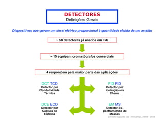 DETECTORES
                                 Definições Gerais

Dispositivos que geram um sinal elétrico proporcional à quantidade eluida de um analito

                           ~ 60 detectores já usados em GC



                        ~ 15 equipam cromatógrafos comerciais



                     4 respondem pela maior parte das aplicações


                  DCT TCD                                    FID FID
                  Detector por                             Detector por
                 Condutividade                            Ionização em
                    Térmica                                  Chama


                  DCE ECD                                    EM MS
                 Detector por                             Detector Es-
                  Captura de                            pectrométrico de
                   Eletrons                                  Massas
                                                           © Fabio Augusto (IQ - Unicamp), 2005 - 2010
 