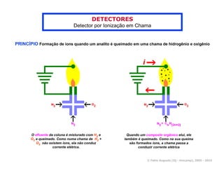 DETECTORES
                               Detector por Ionização em Chama


PRINCÍPIO Formação de íons quando um analito é queimado em uma chama de hidrogênio e oxigênio




       O efluente da coluna é misturado com H2 e     Quando um composto orgânico elui, ele
       O2 e queimado. Como numa chama de H2 +       também é queimado. Como na sua queima
          O2 não existem íons, ela não conduz          são formados íons, a chama passa a
                    corrente elétrica.                      conduzir corrente elétrica


                                                                © Fabio Augusto (IQ - Unicamp), 2005 - 2010
 