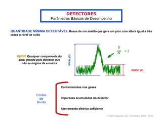 DETECTORES
                            Parâmetros Básicos de Desempenho


QUANTIDADE MÍNIMA DETECTÁVEL Massa de um analito que gera um pico com altura igual a três
vezes o nível de ruído



                                                                              S
                                                                                    =3
                                                                              N



                                       SINAL (S)
    RUÍDO Qualquer componente do
     sinal gerado pelo detector que
       não se origina da amostra

                                                                                          RUÍDO (N)




                                  Contaminantes nos gases

                   Fontes
                     de           Impurezas acumuladas no detector
                   Ruído
                                  Aterramento elétrico deficiente

                                                                    © Fabio Augusto (IQ - Unicamp), 2005 - 2010
 