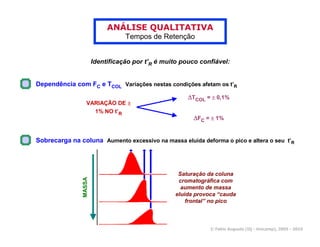 ANÁLISE QUALITATIVA
                                  Tempos de Retenção


                       Identificação por t’R é muito pouco confiável:


Dependência com FC e TCOL Variações nestas condições afetam os t’R

                                                       ∆TCOL = ± 0,1%
                  VARIAÇÃO DE ±
                    1% NO t’R
                                                         ∆FC = ± 1%


Sobrecarga na coluna Aumento excessivo na massa eluida deforma o pico e altera o seu t’R




                                                    Saturação da coluna
               MASSA




                                                    cromatográfica com
                                                     aumento de massa
                                                   eluida provoca “cauda
                                                       frontal” no pico



                                                               © Fabio Augusto (IQ - Unicamp), 2005 - 2010
 