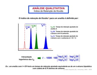 ANÁLISE QUALITATIVA
                                  Índice de Retenção de Kovàts


                O índice de retenção de Kovàts I para um analito é definido por:



                                                      t’R (A) Tempo de retenção ajustado do
                                                      analito A
                                                      t’R (N) Tempo de retenção ajustado do
                                                      n-alcano com N carbonos
                                                      t’R (n) Tempo de retenção ajustado do
                                                      n-alcano com n carbonos (n = N + 1)




                   Interpolação
                logarítmica dos t’R



Ex.: um analito com I = 874 teria um tempo de retenção ajustado equivalente ao de um n-alcano hipotético
                                   com cadeia de 8,74 átomos de carbono
                                                                       © Fabio Augusto (IQ - Unicamp), 2005 - 2010
 