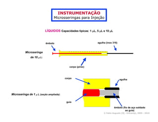 INSTRUMENTAÇÃO
                                  Microsseringas para Injeção


                            LÍQUIDOS Capacidades típicas: 1 µL, 5 µL e 10 µL


                            êmbolo                               agulha (inox 316)



           Microseringa
               de 10 µ L:


                                             corpo (pirex)



                                          corpo
                                                                                     agulha




Microseringa de 1 µ L (seção ampliada):

                                           guia

                                                                               êmbolo (fio de aço soldado
                                                                                        ao guia)
                                                                      © Fabio Augusto (IQ - Unicamp), 2005 - 2010
 