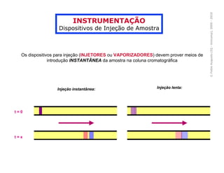© Fabio Augusto (IQ - Unicamp), 2005 - 2010
                         INSTRUMENTAÇÃO
                  Dispositivos de Injeção de Amostra



  Os dispositivos para injeção (INJETORES ou VAPORIZADORES) devem prover meios de
               introdução INSTANTÂNEA da amostra na coluna cromatográfica




                 Injeção instantânea:                       Injeção lenta:




t=0




t=x
 
