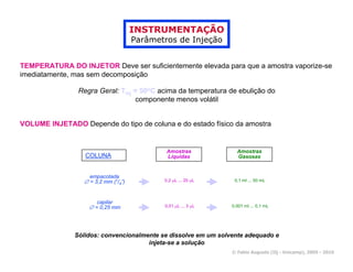 INSTRUMENTAÇÃO
                                      Parâmetros de Injeção


TEMPERATURA DO INJETOR Deve ser suficientemente elevada para que a amostra vaporize-se
imediatamente, mas sem decomposição

                Regra Geral: Tinj = 50oC acima da temperatura de ebulição do
                                   componente menos volátil


VOLUME INJETADO Depende do tipo de coluna e do estado físico da amostra


                                              Amostras            Amostras
                  COLUNA                      Líquidas            Gasosas


                    empacotada
                  ∅ = 3,2 mm (1/4”)          0,2 µL ... 20 µL    0,1 ml ... 50 mL



                       capilar
                    ∅ = 0,25 mm              0,01 µL ... 3 µL   0,001 ml ... 0,1 mL




               Sólidos: convencionalmente se dissolve em um solvente adequado e
                                      injeta-se a solução
                                                                © Fabio Augusto (IQ - Unicamp), 2005 - 2010
 
