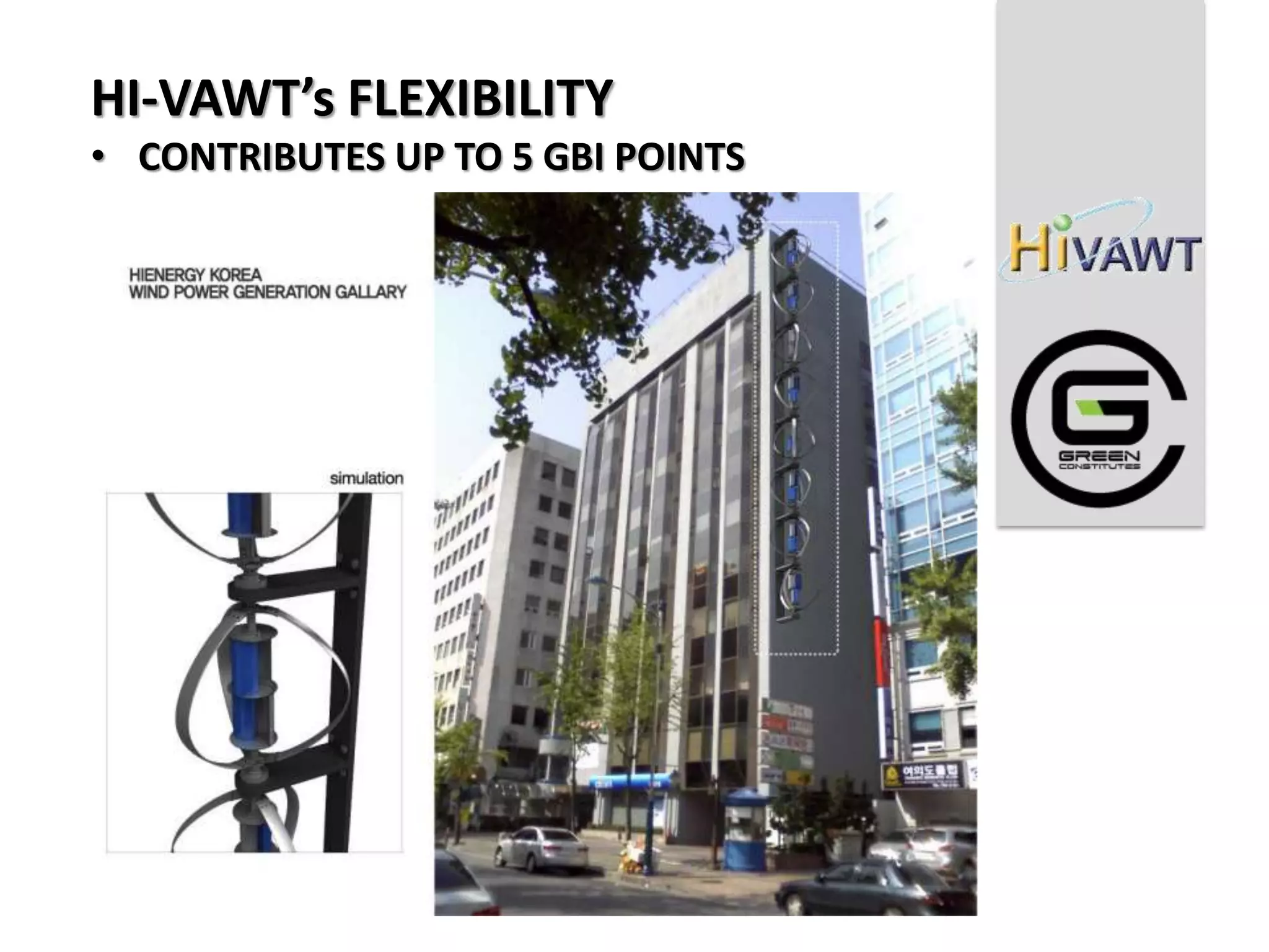 HI-VAWT’s FLEXIBILITY
• CONTRIBUTES UP TO 5 GBI POINTS
 