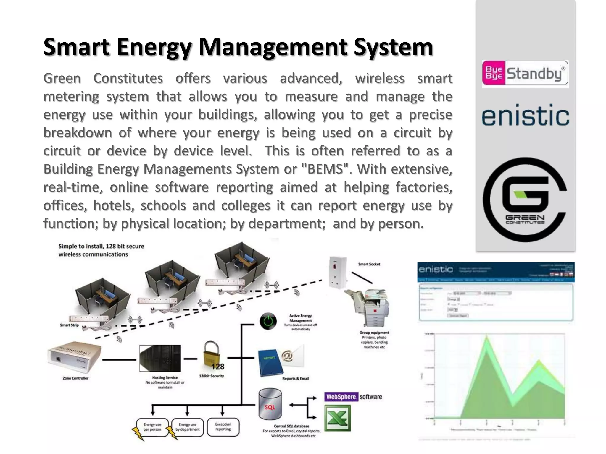 Smart Energy Management System
Green Constitutes offers various advanced, wireless smart
metering system that allows you to measure and manage the
energy use within your buildings, allowing you to get a precise
breakdown of where your energy is being used on a circuit by
circuit or device by device level. This is often referred to as a
Building Energy Managements System or "BEMS". With extensive,
real-time, online software reporting aimed at helping factories,
offices, hotels, schools and colleges it can report energy use by
function; by physical location; by department; and by person.
 
