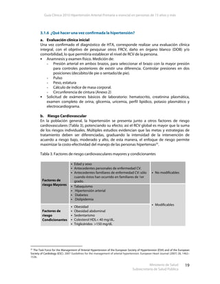 Guía Clínica 2010 Hipertensión Arterial Primaria o esencial en personas de 15 años y más
Ministerio de Salud
Subsecretaría de Salud Pública
19
3.1.6 ¿Qué hacer una vez confirmada la hipertensión?
a. Evaluación clínica inicial
Una vez confirmado el diagnóstico de HTA, corresponde realizar una evaluación clínica
integral, con el objetivo de pesquisar otros FRCV, daño en órgano blanco (DOB) y/o
comorbilidad, lo que permitiría establecer el nivel de RCV de la persona.
Anamnesis y examen físico. Medición de:
- Presión arterial en ambos brazos, para seleccionar el brazo con la mayor presión
para controles posteriores de existir una diferencia. Controlar presiones en dos
posiciones (decúbito/de pie o sentado/de pie).
- Pulso
- Peso, estatura
- Cálculo de índice de masa corporal.
- Circunferencia de cintura (Anexo 2)
Solicitud de exámenes básicos de laboratorio: hematocrito, creatinina plasmática,
examen completo de orina, glicemia, uricemia, perfil lipídico, potasio plasmático y
electrocardiograma.
b. Riesgo Cardiovascular
En la población general, la hipertensión se presenta junto a otros factores de riesgo
cardiovasculares (Tabla 3), potenciando su efecto; así el RCV global es mayor que la suma
de los riesgos individuales. Múltiples estudios evidencian que las metas y estrategias de
tratamiento deben ser diferenciadas, graduando la intensidad de la intervención de
acuerdo a riesgo bajo, moderado y alto, de esta manera, el enfoque de riesgo permite
maximizar la costo-efectividad del manejo de las personas hipertensas25
.
Tabla 3. Factores de riesgo cardiovasculares mayores y condicionantes
Edad y sexo
Antecedentes personales de enfermedad CV.
Antecedentes familiares de enfermedad CV: sólo
cuando éstos han ocurrido en familiares de 1er
grado.
No modificables
Factores de
riesgo Mayores Tabaquismo
Hipertensión arterial
Diabetes
Dislipidemia
Factores de
riesgo
Condicionantes
Obesidad
Obesidad abdominal
Sedentarismo
Colesterol HDL< 40 mg/dL.
Triglicéridos >150 mg/dL
Modificables
25
The Task Force for the Management of Arterial Hypertension of the European Society of Hypertension (ESH) and of the European
Society of Cardiology (ESC). 2007 Guidelines for the management of arterial hypertension. European Heart Journal (2007) 28, 1462–
1536.
 