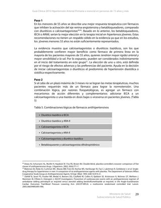 Guía Clínica 2010 Hipertensión Arterial Primaria o esencial en personas de 15 años y más
Ministerio de Salud
Subsecretaría de Salud Pública
29
Paso 1
En los menores de 55 años se describe una mejor respuesta terapéutica con fármacos
que inhiben la activación del eje renina-angiotensina y betabloqueadores, comparado
con diuréticos o calcioantagonistas49,50
. Basado en lo anterior, los betabloqueadores,
IECA o ARAII, serían la mejor elección en la terapia inicial en hipertensos jóvenes. Estas
recomendaciones no tienen un respaldo sólido en la evidencia ya que en los estudios,
los jóvenes menores 55 años no están suficientemente representados.
La evidencia muestra que calcioantagonistas o diuréticos tiazídicos, son los que
probablemente confieren mayor beneficio como fármaco de primera línea en la
mayoría de los pacientes mayores de 55 años, quienes tendrían mayor rigidez arterial y
mayor sensibilidad a la sal. Por lo expuesto, pueden ser considerados indistintamente
en el inicio del tratamiento en este grupo51
. La elección de uno u otro, está definida
por el riesgo de efectos adversos y las preferencias del paciente. Ayuda en la decisión
de iniciar calcioantagonistas o diuréticos el predominio de hipertensión diastólica o
sistólica respectivamente.
Paso 2
Si al cabo de un plazo máximo de 3 meses no se logran las metas terapéuticas, muchos
pacientes requerirán más de un fármaco para lograr la normotensión. Una
combinación lógica, por razones fisiopatológicas, es agregar un fármaco con
mecanismos de acción diferentes y complementarios: adicionar IECA a un
calcioantagonista o una tiazida en dosis bajas o viceversa en pacientes jóvenes. (Tabla
5)
Tabla 5. Combinaciones lógicas de fármacos antihipertensivos
49
Deary AJ, Schumann AL, Murfet H, Haydock SF, Foo RS, Brown MJ. Double-blind, placebo-controlled crossover comparison of five
classes of antihypertensive drugs. J Hypertens. 2002; 20(4):771-7.
50
Materson BJ, Reda DJ, Cushman WC, Massie BM, Freis ED, Kochar MS, Hamburger RJ, Fye C, Lakshman R, Gottdiener J, et al. Single-
drug therapy for hypertension in men. A comparison of six antihypertensive agents with placebo. The Department of Veterans Affairs
Cooperative Study Group on Antihypertensive Agents. N Engl J Med. 1993; 328(13):914-21.
51
Dahlöf B, Sever PS, Poulter NR, Wedel H, Beevers DG, Caulfield M, Collins R, Kjeldsen SE, Kristinsson A, McInnes GT, Mehlsen J,
Nieminen M, O'Brien E, Ostergren J; ASCOT Investigators. Prevention of cardiovascular events with an antihypertensive regimen of
amlodipine adding perindopril as required versus atenolol adding bendroflumethiazide as required, in the Anglo-Scandinavian
Cardiac Outcomes Trial-Blood Pressure Lowering Arm (ASCOT-BPLA): a multicentre randomised controlled trial. Lancet.
2005;366(9489):895-906.
Diurético tiazídico e IECA
Diurético tiazídico y ARA-II
Calcioantagonista e IECA
Calcioantagonista y ARA-II
Calcioantagonista y diurético tiazídico
Betabloqueante y calcioantagonista dihidropiridínico
 