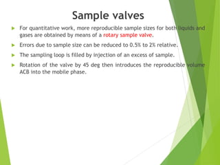 Sample valves
 For quantitative work, more reproducible sample sizes for both liquids and
gases are obtained by means of a rotary sample valve.
 Errors due to sample size can be reduced to 0.5% to 2% relative.
 The sampling loop is filled by injection of an excess of sample.
 Rotation of the valve by 45 deg then introduces the reproducible volume
ACB into the mobile phase.
 