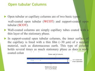 Open tubular Columns
 Open tubular or capillary columns are of two basic types:
wall-coated open tubular (WCOT) and support-coated open
tubular (SCOT).
 Wall-coated columns are simply capillary tubes coated with a
thin layer of the stationary phase.
 In support-coated open tubular columns, the inner surface of
the capillary is lined with a thin film (~30 mm) of a support
material, such as diatomaceous earth. This type of column
holds several times as much stationary phase as does a wall-
coated column and thus has a greater sample capacity.
 