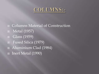  Columns Material of Construction
 Metal (1957)
 Glass (1959)
 Fused Silica (1979)
 Aluminium Clad (1984)
 Inert Metal (1990)
 