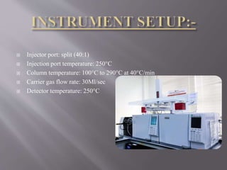  Injector port: split (40:1)
 Injection port temperature: 250°C
 Column temperature: 100°C to 290°C at 40°C/min
 Carrier gas flow rate: 30Ml/sec
 Detector temperature: 250°C
 