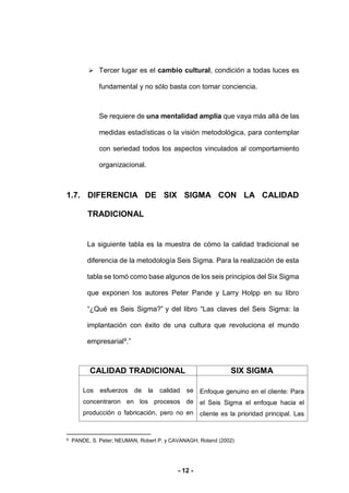 - 12 -
 Tercer lugar es el cambio cultural, condición a todas luces es
fundamental y no sólo basta con tomar conciencia.
Se requiere de una mentalidad amplia que vaya más allá de las
medidas estadísticas o la visión metodológica, para contemplar
con seriedad todos los aspectos vinculados al comportamiento
organizacional.
1.7. DIFERENCIA DE SIX SIGMA CON LA CALIDAD
TRADICIONAL
La siguiente tabla es la muestra de cómo la calidad tradicional se
diferencia de la metodología Seis Sigma. Para la realización de esta
tabla se tomó como base algunos de los seis principios del Six Sigma
que exponen los autores Peter Pande y Larry Holpp en su libro
“¿Qué es Seis Sigma?” y del libro “Las claves del Seis Sigma: la
implantación con éxito de una cultura que revoluciona el mundo
empresarial9
.”
CALIDAD TRADICIONAL SIX SIGMA
Los esfuerzos de la calidad se
concentraron en los procesos de
producción o fabricación, pero no en
Enfoque genuino en el cliente: Para
el Seis Sigma el enfoque hacia el
cliente es la prioridad principal. Las
9 PANDE, S. Peter; NEUMAN, Robert P. y CAVANAGH, Roland (2002)
 