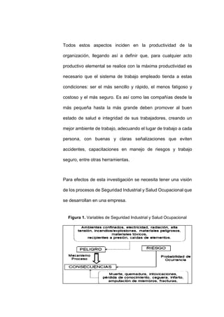 - 61 -
Todos estos aspectos inciden en la productividad de la
organización, llegando así a definir que, para cualquier acto
productivo elemental se realice con la máxima productividad es
necesario que el sistema de trabajo empleado tienda a estas
condiciones: ser el más sencillo y rápido, el menos fatigoso y
costoso y el más seguro. Es así como las compañías desde la
más pequeña hasta la más grande deben promover al buen
estado de salud e integridad de sus trabajadores, creando un
mejor ambiente de trabajo, adecuando el lugar de trabajo a cada
persona, con buenas y claras señalizaciones que eviten
accidentes, capacitaciones en manejo de riesgos y trabajo
seguro, entre otras herramientas.
Para efectos de esta investigación se necesita tener una visión
de los procesos de Seguridad Industrial y Salud Ocupacional que
se desarrollan en una empresa.
Figura 1. Variables de Seguridad Industrial y Salud Ocupacional
 