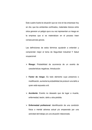- 62 -
Este cuadro ilustra la situación que se vive en las empresas hoy
en día; que los ambientes confinados, materiales tóxicos entre
otros generan un peligro que a su vez representan un riesgo en
la empresa que si se materializan en el proceso traen
consecuencias graves.
Las definiciones de estos términos ayudarán a entender y
comprender mejor el tema de Seguridad Industrial Y Salud
ocupacional:
 Riesgo: Probabilidad de ocurrencia de un evento de
características negativas. Introducción
 Factor de riesgo: Es todo elemento cuya presencia o
modificación, aumenta la probabilidad de producir una daño a
quien está expuesto a él.
 Accidente: Evento no deseado que da lugar a muerte,
enfermedad, lesión, daño u otra pérdida.
 Enfermedad profesional: Identificación de una condición
física o mental adversa actual y/o empeorada por una
actividad del trabajo y/o una situación relacionada.
 
