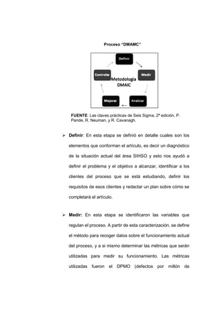 - 65 -
Proceso “DMAMC”
Bi
FUENTE: Las claves prácticas de Seis Sigma, 2ª edición, P.
Pande, R. Neuman, y R. Cavanagh.
 Definir: En esta etapa se definió en detalle cuales son los
elementos que conforman el artículo, es decir un diagnóstico
de la situación actual del área SIHSO y esto nos ayudó a
definir el problema y el objetivo a alcanzar, identificar a los
clientes del proceso que se está estudiando, definir los
requisitos de esos clientes y redactar un plan sobre cómo se
completará el artículo.
 Medir: En esta etapa se identificaron las variables que
regulan el proceso. A partir de esta caracterización, se define
el método para recoger datos sobre el funcionamiento actual
del proceso, y a si mismo determinar las métricas que serán
utilizadas para medir su funcionamiento. Las métricas
utilizadas fueron el DPMO (defectos por millón de
 