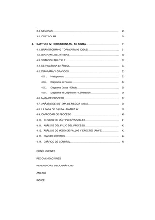 - 93 -
3.4. MEJORAR………………………………………………………………………… 29
3.5. CONTROLAR……………………………………………………………………... 29
4. CAPITULO IV: HERRAMIENTAS - SIX SIGMA…………………………………… 31
4.1. BRAINSTORMING (TORMENTA DE IDEAS)…………….…………………... 31
4.2. DIAGRAMA DE AFINIDAD……………..……………………………………….. 32
4.3. VOTACIÓN MÚLTIPLE………………………………………..………………… 32
4.4. ESTRUCTURA EN ÁRBOL……………………………………………………… 33
4.5. DIAGRAMA Y GRÁFICOS…………………………………...………………….. 33
4.5.1. Histogramas. …………………………………………………………… 33
4.5.2. Diagrama de Pareto…………………………………………………… 34
4.5.3. Diagrama Causa - Efecto……………………………………………... 35
4.5.4. Diagrama de Dispersión o Correlación……………………………… 36
4.6. MAPA DE PROCESO……………………………………………………………. 37
4.7. ANÁLISIS DE SISTEMA DE MEDIDA (MSA)…………………………………. 39
4.8. LA CASA DE CALIDA - MATRIZ XY…………………………………………… 39
4.9. CAPACIDAD DE PROCESO……………………………………………………. 40
4.10. ESTUDIO DE MÚLTIPLES VARIABLES……………………………………. 41
4.11. ANÁLISIS DEL FLUJO DEL PROCESO……………………………………. 42
4.12. ANÁLISIS DE MODO DE FALLOS Y EFECTOS (AMFE)………………… 42
4.13. PLAN DE CONTROL………………………………………………………….. 44
4.14. GRÁFICO DE CONTROL………………………………………………………. 45
CONCLUSIONES
RECOMENDACIONES
REFERENCIAS BIBLIOGRÁFICAS
ANEXOS
INDICE
 