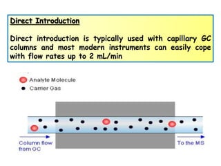 Direct Introduction
Direct introduction is typically used with capillary GC
columns and most modern instruments can easily cope
with flow rates up to 2 mL/min
 