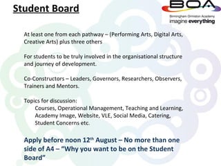 Student Board

  At least one from each pathway – (Performing Arts, Digital Arts,
  Creative Arts) plus three others

  For students to be truly involved in the organisational structure
  and journey of development.

  Co-Constructors – Leaders, Governors, Researchers, Observers,
  Trainers and Mentors.

  Topics for discussion:
      Courses, Operational Management, Teaching and Learning,
      Academy Image, Website, VLE, Social Media, Catering,
      Student Concerns etc.

  Apply before noon 12th August – No more than one
  side of A4 – “Why you want to be on the Student
  Board”
 