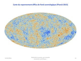 13/12/2016
Relativité et quanta, une nouvelle
révolution scientifique...
13
Carte du rayonnement diffus de fond cosmologique (Planck 2015)
 