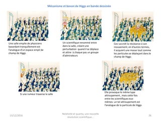 Une salle emplie de physiciens
bavardant tranquillement est
l’analogue d’un espace empli de
champ de Higgs
Un scientifique renommé entre
dans la salle, créant une
perturbation quand il se déplace
et attire à chaque pas un groupe
d’admirateurs
Ceci accroît la résistance à son
mouvement; en d’autres termes,
il acquiert une masse tout comme
les particules se déplaçant dans le
champ de Higgs
Si une rumeur traverse la salle
Elle provoque le même type
attroupement , mais cette fois
entre les scientifiques eux-
mêmes: un tel attroupement est
l’analogue de la particule de Higgs
Mécanisme et boson de Higgs en bande dessinée
13/12/2016
Relativité et quanta, une nouvelle
révolution scientifique...
26
 