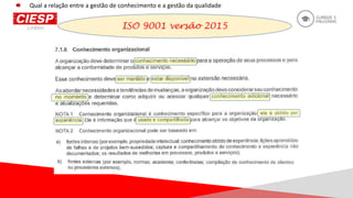 ISO 9001 versão 2015
Qual a relação entre a gestão de conhecimento e a gestão da qualidade
 