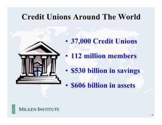 Credit Unions Around The World

           • 37,000 Credit Unions

           • 112 million members

           • $530 billion in savings

           • $606 billion in assets


                                       18
 