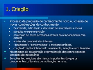 1. Criação Processo de produção de conhecimento novo ou criação de novas combinações de conhecimento. Descoberta, articulação e discussão de informações e idéias pesquisa e experimentação percepção de novas demandas através do relacionamento com clientes análise das competências internas "datamining"; "benchmarking" e melhores práticas. criação do capital intelectual: treinamento, seleção e recrutamento Mecanismos de colaboração e formalização dos conhecimentos também são necessários Soluções tecnológicas são menos importantes do que os componentes culturais e de motivação humana. 