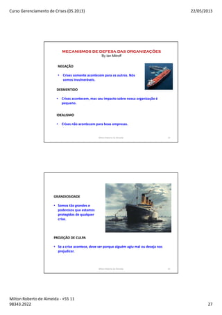 Curso Gerenciamento de Crises (05.2013) 22/05/2013
Milton Roberto de Almeida - +55 11
98343.2922 27
53
MECANISMOS DE DEFESA DAS ORGANIZAÇÕES
By Ian Mitroff
NEGAÇÃO
• Crises somente acontecem para os outros. Nós
somos invulneráveis.
DESMENTIDO
• Crises acontecem, mas seu impacto sobre nossa organização é
pequeno.
IDEALISMO
• Crises não acontecem para boas empresas.
Milton Roberto de Almeida
54
GRANDIOSIDADE
• Somos tão grandes e
poderosos que estamos
protegidos de qualquer
crise.
PROJEÇÃO DE CULPA
• Se a crise acontece, deve ser porque alguém agiu mal ou deseja nos
prejudicar.
Milton Roberto de Almeida
 