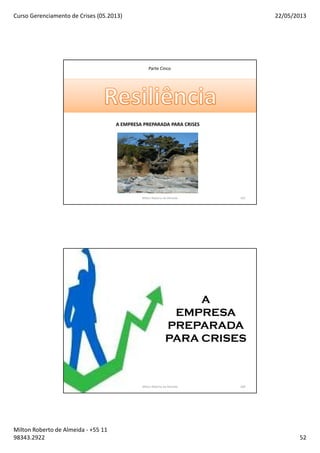 Curso Gerenciamento de Crises (05.2013) 22/05/2013
Milton Roberto de Almeida - +55 11
98343.2922 52
A EMPRESA PREPARADA PARA CRISES
Parte Cinco
Milton Roberto de Almeida 103
104
A
EMPRESA
PREPARADA
PARA CRISES
Milton Roberto de Almeida 104
 