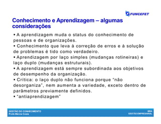 GESTÃO DO CONHECIMENTO
Profa Márcia Costa
MBA
GESTÃO EMPRESARIAL
Conhecimento e AprendizagemConhecimento e Aprendizagem –– algumasalgumas
consideraçõesconsiderações
 A aprendizagem muda o status do conhecimento de
pessoas e de organizações.
 Conhecimento que leva à correção de erros e à solução
de problemas é tido como verdadeiro.
 Aprendizagem por laço simples (mudanças rotineiras) e
laço duplo (mudanças estruturais).
 A aprendizagem está sempre subordinada aos objetivos
de desempenho da organização.
 Crítica: o laço duplo não funciona porque “não
desorganiza”, nem aumenta a variedade, exceto dentro de
parâmetros previamente definidos.
 “antiaprendizagem”
 