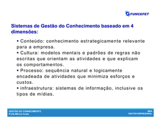 GESTÃO DO CONHECIMENTO
Profa Márcia Costa
MBA
GESTÃO EMPRESARIAL
Gestão do conhecimento
 Conteúdo: conhecimento estrategicamente relevante
para a empresa.
 Cultura: modelos mentais e padrões de regras não
escritas que orientam as atividades e que explicam
os comportamentos.
 Processo: sequência natural e logicamente
encadeada de atividades que minimiza esforços e
custos.
 infraestrutura: sistemas de informação, inclusive os
tipos de mídias.
Sistemas de Gestão do Conhecimento baseado em 4Sistemas de Gestão do Conhecimento baseado em 4
dimensões:dimensões:
 