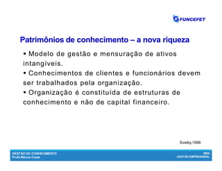 GESTÃO DO CONHECIMENTO
Profa Márcia Costa
MBA
GESTÃO EMPRESARIAL
Patrimônios de conhecimentoPatrimônios de conhecimento –– a nova riquezaa nova riqueza
 Modelo de gestão e mensuração de ativos
intangíveis.
 Conhecimentos de clientes e funcionários devem
ser trabalhados pela organização.
 Organização é constituída de estruturas de
conhecimento e não de capital financeiro.
Sveiby,1998
 