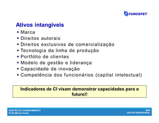 GESTÃO DO CONHECIMENTO
Profa Márcia Costa
MBA
GESTÃO EMPRESARIAL
Gestão do conhecimento
 Marca
 Direitos autorais
 Direitos exclusivos de comercialização
 Tecnologia da linha de produção
 Portfólio de clientes
 Modelo de gestão e liderança
 Capacidade de inovação
 Competência dos funcionários (capital intelectual)
Ativos intangíveisAtivos intangíveis
Indicadores de CI visam demonstrar capacidades para o
futuro!!
 