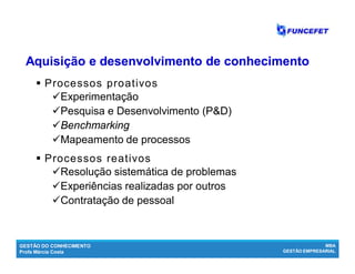 GESTÃO DO CONHECIMENTO
Profa Márcia Costa
MBA
GESTÃO EMPRESARIAL
 Processos proativos
Experimentação
Pesquisa e Desenvolvimento (P&D)
Benchmarking
Mapeamento de processos
 Processos reativos
Resolução sistemática de problemas
Experiências realizadas por outros
Contratação de pessoal
Aquisição e desenvolvimento de conhecimentoAquisição e desenvolvimento de conhecimento
 
