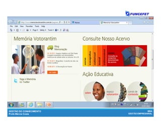 GESTÃO DO CONHECIMENTO
Profa Márcia Costa
MBA
GESTÃO EMPRESARIAL
 