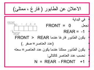 (‫ممتلئ‬ ، ‫فارغ‬ ) ‫الطابور‬ ‫عن‬ ‫العل ن‬
•‫البداية‬ ‫في‬
‫نجعل‬FRONT = 0
•REAR = -1
•‫عندما‬ ‫فارغا‬ ‫الطابور‬ ‫يكو ن‬FRONT > REAR
•(. ‫صفر‬ =‫العناصر‬ ‫)عدد‬
•‫سعته‬ =‫العناصر‬ ‫عدد‬ ‫يكو ن‬ ‫عندما‬ ‫ممتلئا‬ ‫الطابور‬ ‫يكو ن‬
•:‫كالتالي‬ ‫العناصر‬ ‫عدد‬ ‫نحسب‬
•N = REAR - FRONT +1
 