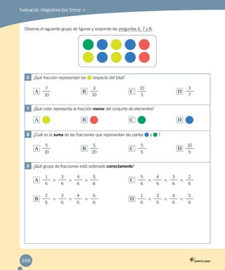 348
Evaluación integradora tipo Simce MR
Observa el siguiente grupo de figuras y responde las preguntas 6, 7 y 8.
6	 ¿Qué fracción representan los respecto del total?
A	
7
10
B	
3
10
C	
10
3
D	
3
7
7	 ¿Qué color representa la fracción menor del conjunto de elementos?
A	 B	 C	 D	
8	 ¿Cuál es la suma de las fracciones que representan las partes y ?
A	
5
10
B	
5
20
C	
5
5
D	
10
5
9	 ¿Qué grupo de fracciones está ordenado correctamente?
A	
1
>
3
>
4
>
5
6 6 6 6
B	
2
>
3
>
4
>
6
6 6 6 6
C	
5
<
4
<
3
<
2
6 6 6 6
D	
1
<
3
<
4
<
5
6 6 6 6
 