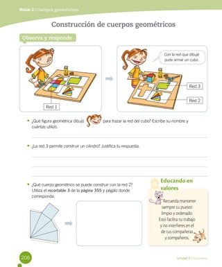 •	 ¿Qué figura geométrica dibujó para trazar la red del cubo? Escribe su nombre y
cuántas utilizó.
•	 ¿La red 3 permite construir un cilindro? Justifica tu respuesta.
•	 ¿Qué cuerpo geométrico se puede construir con la red 2? 	
Utiliza el recortable 3 de la página 355 y pégalo donde
corresponda.
Unidad 5 / Geometría
Módulo 2 / Cuerpos geométricos
Construcción de cuerpos geométricos
Observa y responde
Red 1
Educando en
valores
Recuerda mantener
siempre tu puesto
limpio y ordenado.
Esto facilita tu trabajo
y no interfieres en el
de tus compañeras
y compañeros.
Red 2
Red 3
Con la red que dibujé
pude armar un cubo.
206
 