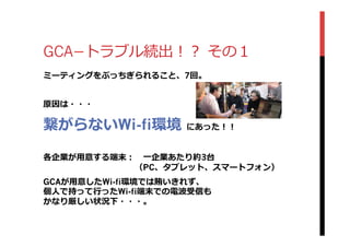 GCA­−トラブル続出！？  その１
ミーティングをぶっちぎられること、7回。
原因は・・・
繋がらないWi-fi環境  にあった！！
各企業が⽤用意する端末： 　⼀一企業あたり約3台
 　 　 　 　 　 　 　 　 　 　 　（PC、タブレット、スマートフォン）
GCAが⽤用意したWi-fi環境では賄いきれず、
個⼈人で持って⾏行行ったWi-fi端末での電波受信も
かなり厳しい状況下・・・。
 